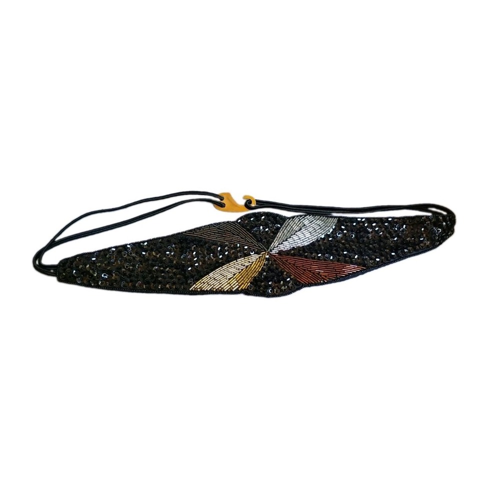 Vintage 80s Milor Long Beaded Satin Waist Belt Black Gold Silver Sequin M/L
